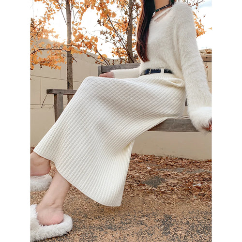 Load image into Gallery viewer, Women's Solid Elegant Office Lady Knitted Long Skirt Retro High Waist Party Wrap Hip Pleated Skirt 2024 Autumn Winter Simplicity
