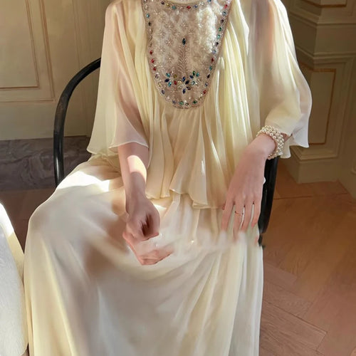 Load image into Gallery viewer, Spliced Diamonds Loose Dresses For Women O Neck Short Sleeve High Waist Temperament Dress Female Fashion Style New
