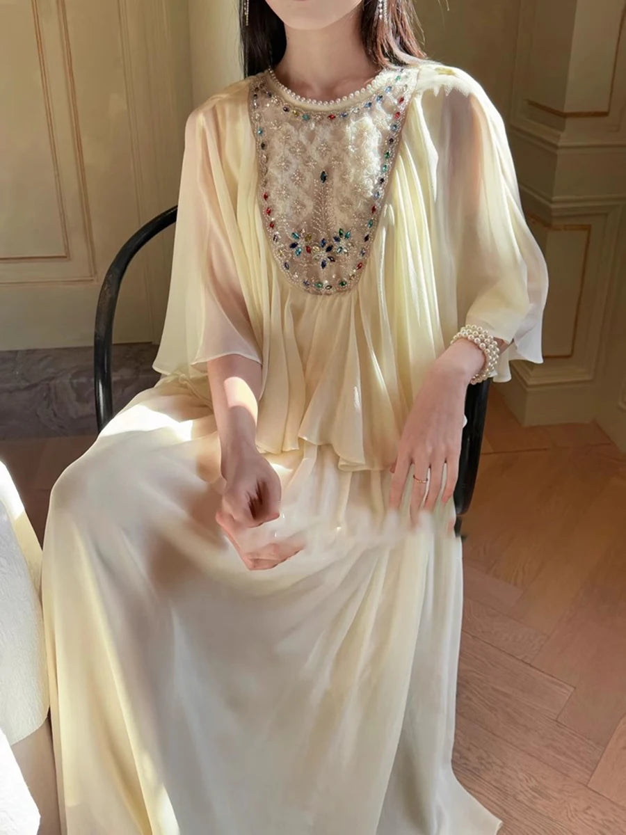 Spliced Diamonds Loose Dresses For Women O Neck Short Sleeve High Waist Temperament Dress Female Fashion Style New