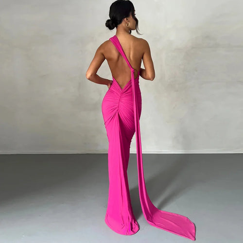 Load image into Gallery viewer, Oblique Shoulder Backless Maxi Dress For Women Gown Summer Back Strap Sleeveless Ruched Party Sexy Long Dress Vestidos
