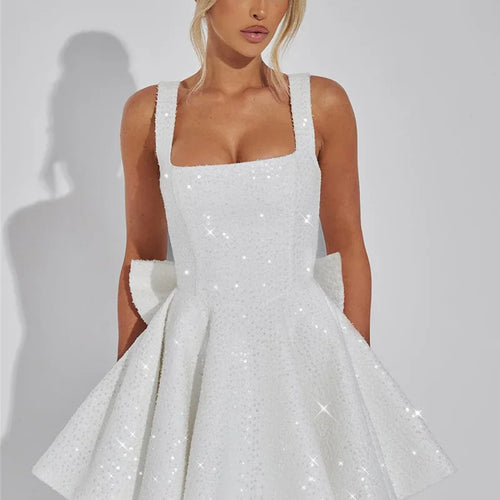 Load image into Gallery viewer, Sequins Bow Backless Sexy Mini Dress For Women Robe Fashion Square Collar Sleeveless High Waist A-line Club Dress
