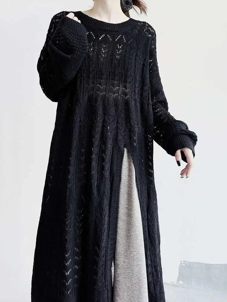 Women Black Big Size  Hollow Out Long Sweater Dress New Round Neck Long Sleeve Fashion Tide Spring Autumn 2025 1DJ0404