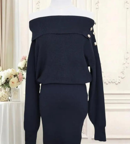 Autumn Winter Vintage Solid Elegant Off Shoulder Long Sleeve Mini Dress Women French High Waist Button Knitted Mini Dress Simple