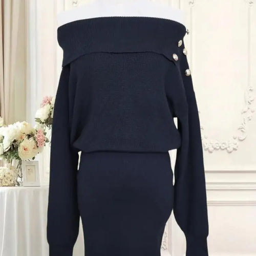 Load image into Gallery viewer, Autumn Winter Vintage Solid Elegant Off Shoulder Long Sleeve Mini Dress Women French High Waist Button Knitted Mini Dress Simple
