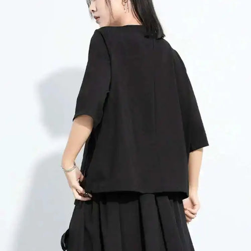 Load image into Gallery viewer, Women Black Flower Ribbons Big Size Casual T-shirt New Round Neck Short Sleeve Fashion Tide Spring Summer 2025 1DH5980
