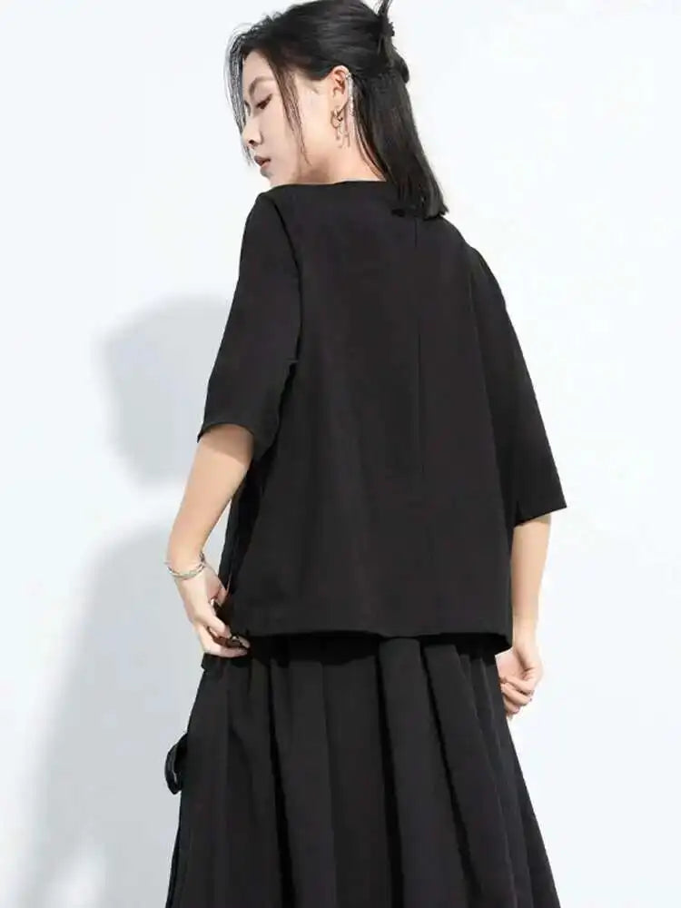 Women Black Flower Ribbons Big Size Casual T-shirt New Round Neck Short Sleeve Fashion Tide Spring Summer 2025 1DH5980