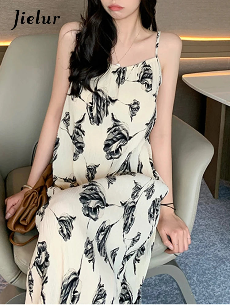 Beach Style Hollow Out Print Women's Dresses Spaghetti Strap Square Neck Fashion Female Dress Summer Elegant Chic Dress