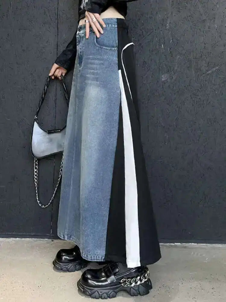 High Elastic Waist Blue Denim Color-block Midi A-line Half-body Skirt Women Fashion Tide New Spring Autumn 2025 1DH0646