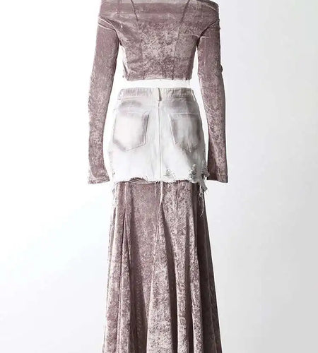 Velvet Denim T-shirt Half-body Skirt Two Pieces Suit New Slash Neck Long Sleeve Women Fashion Spring Autumn 2025 7AB6039