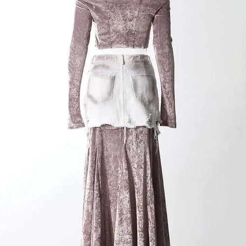 Load image into Gallery viewer, Velvet Denim T-shirt Half-body Skirt Two Pieces Suit New Slash Neck Long Sleeve Women Fashion Spring Autumn 2025 7AB6039
