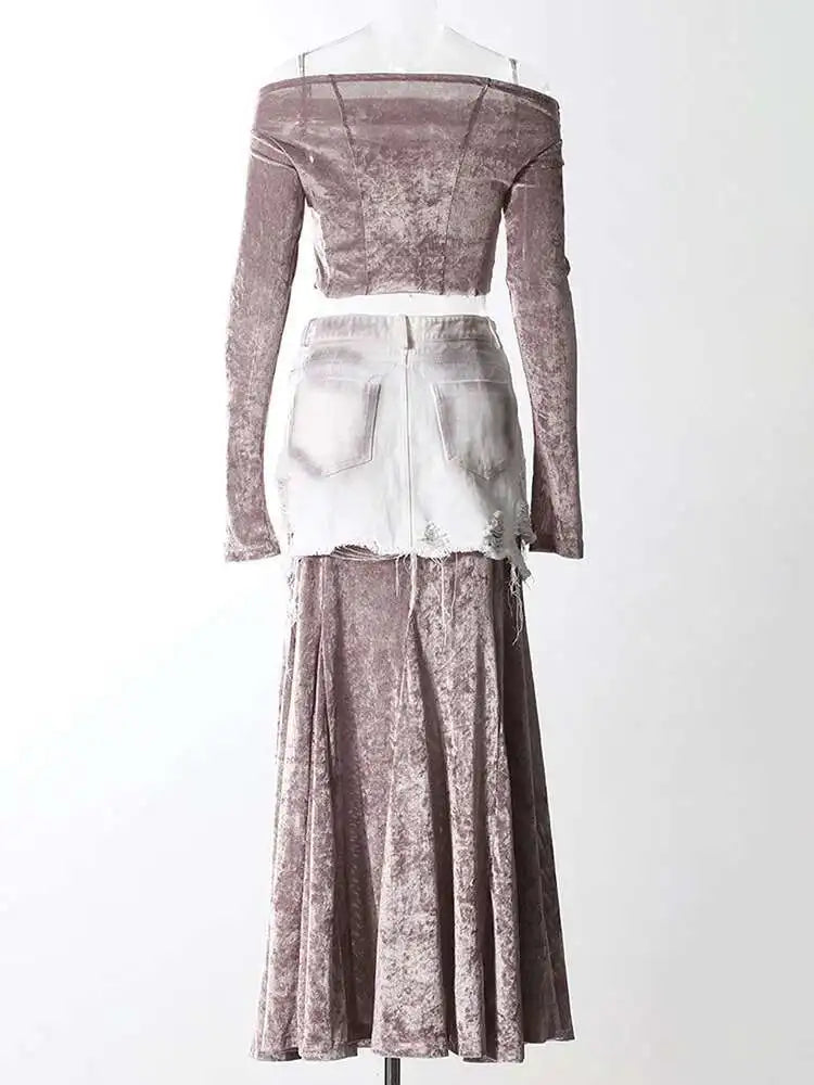 Velvet Denim T-shirt Half-body Skirt Two Pieces Suit New Slash Neck Long Sleeve Women Fashion Spring Autumn 2025 7AB6039