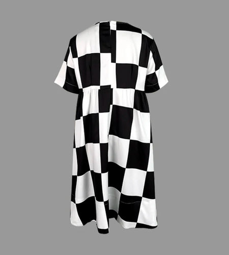 Women Summer Midi Dresses 2025 Black White Plaid Appliques Deep V-Neck Simple Casual Plus Size Dress for Women Fashion