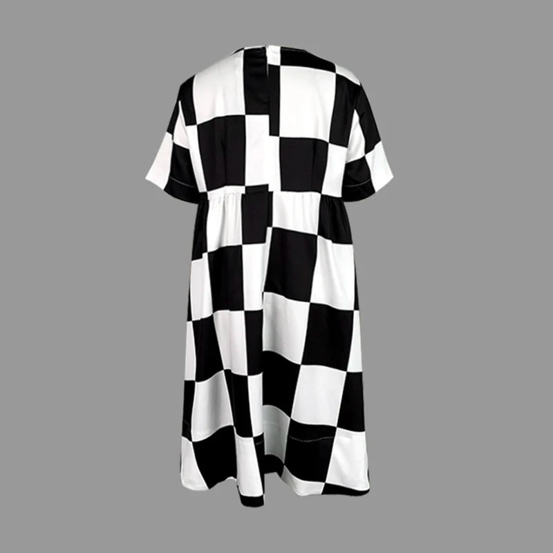 Women Summer Midi Dresses 2025 Black White Plaid Appliques Deep V-Neck Simple Casual Plus Size Dress for Women Fashion