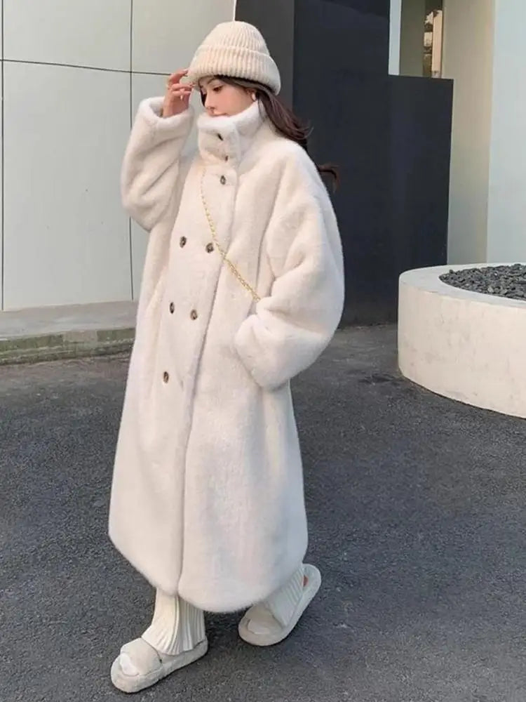French Vintage Women Beige Long Sleeve Thick Mink Coat 2024 New Autumn Winter Ladies Double Breasted Warm Jacket Trendy Fashion