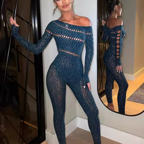 Load image into Gallery viewer, Sexy Tight Long Sleeved Hot Stamping Hollow Jumpsuit Women High Elasticity Jumpsuit Female Autumn New 2024 Club Clothing
