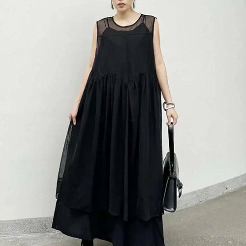 Load image into Gallery viewer, Women Black Mesh Perspective Pleated Big Size Elegant Dress New Round Neck Sleeveless Fashion Spring Summer 2025  1DH5841
