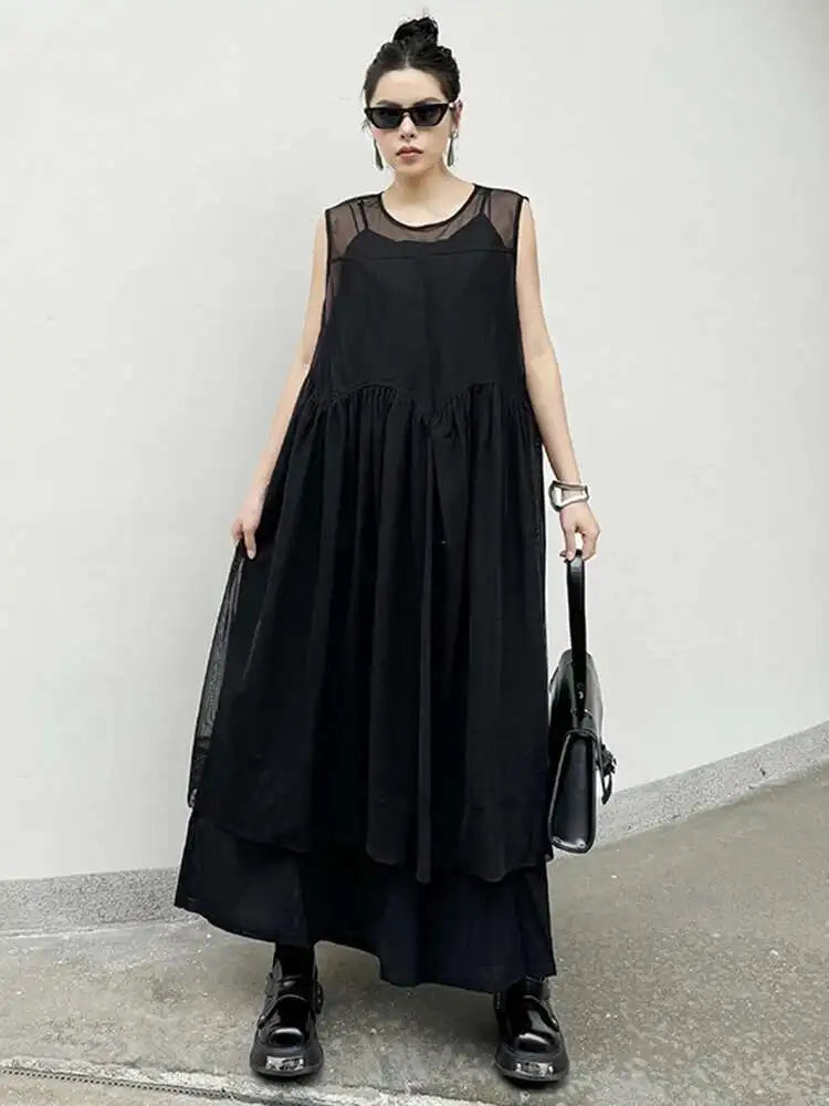 Women Black Mesh Perspective Pleated Big Size Elegant Dress New Round Neck Sleeveless Fashion Spring Summer 2025  1DH5841