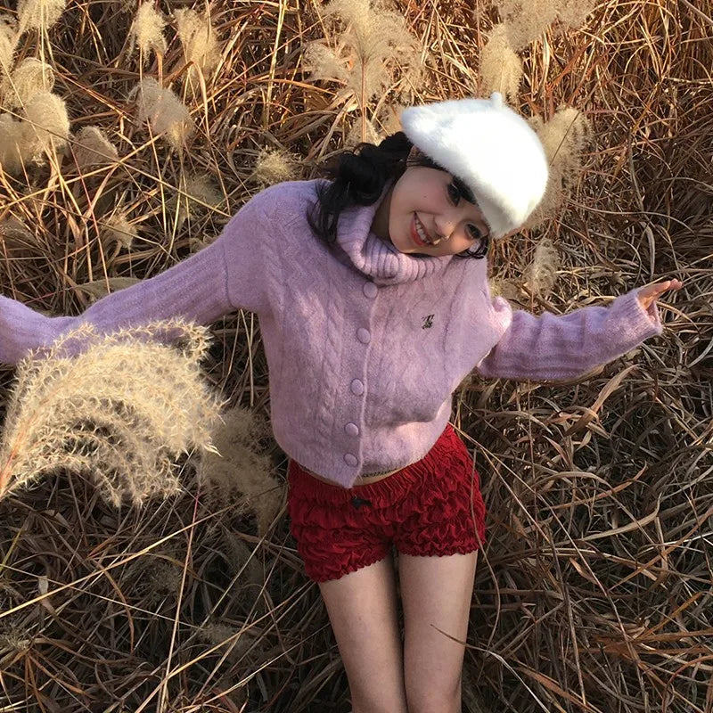 Japanese Y2k Turtleneck Cardigans Vintage Korean Style Knitted Sweater 2000s Aesthetics Pink Winter Knitwear Harajuku