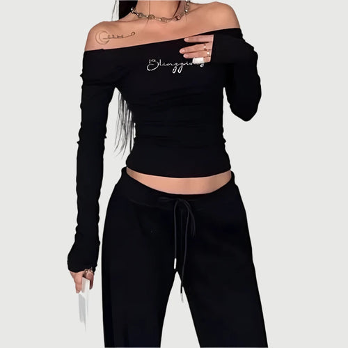 Load image into Gallery viewer, Letters Rhinestone T Shirt Long Sleeve Scoop Neck Y2k Crop Tops for Women Streetwear Black Graphic Tees P85-BD16
