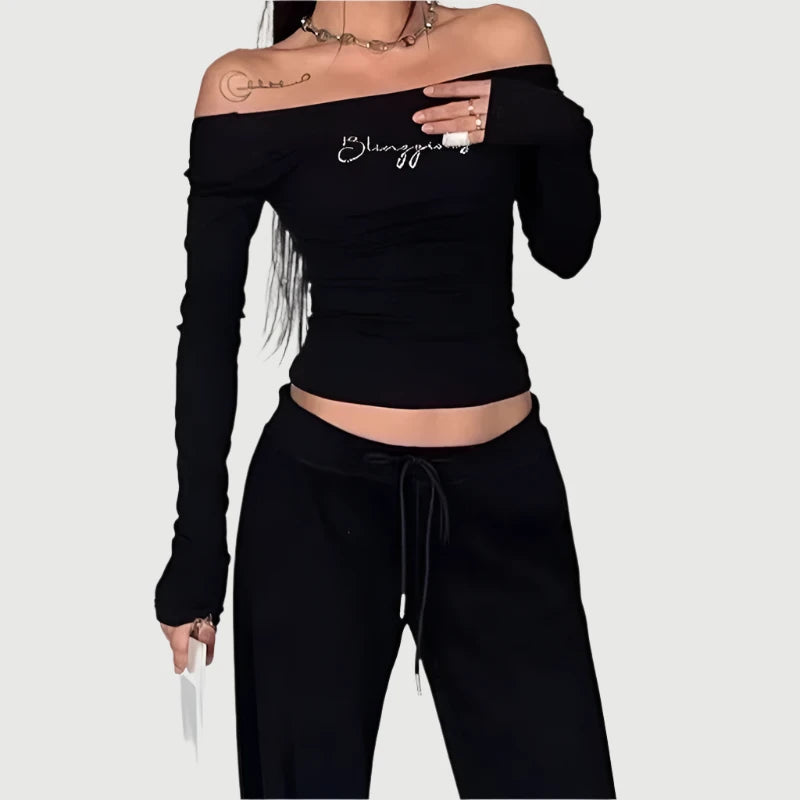 Letters Rhinestone T Shirt Long Sleeve Scoop Neck Y2k Crop Tops for Women Streetwear Black Graphic Tees P85-BD16