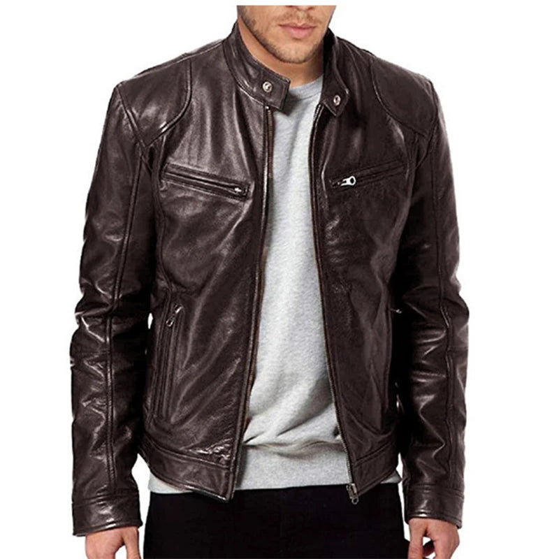 Mens Fashion Leather Jacket Slim Fit Stand Collar PU Jacket Male Anti-wind Motorcycle Lapel Diagonal Zipper Jackets Men 5XL