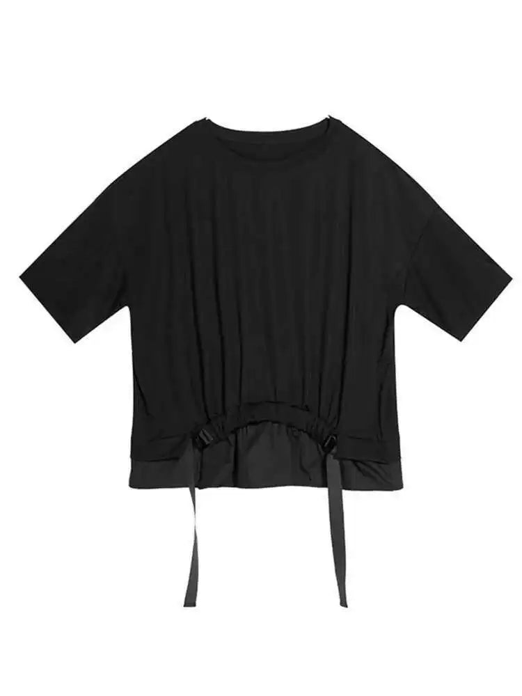 Women Black Irregular Ribbon Big Size T-shirt New Round Neck Half Sleeve  Fashion Tide  Spring Summer 2025 1DD5759