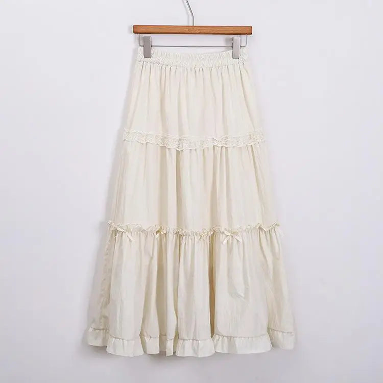 Spring Summer Sweet Retro Beige Pink Temperament Ruffle Edge Cake Long Skirt Women Black White Lace High Waist Party Club Skirts