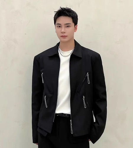 Men's Jacket New Korean Spring Multi Zippers Design Niche Solid Color Handsome Lapel Fashion Male Clothing Jackets 9W1583