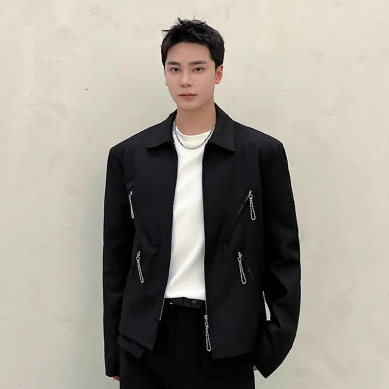 Men's Jacket New Korean Spring Multi Zippers Design Niche Solid Color Handsome Lapel Fashion Male Clothing Jackets 9W1583