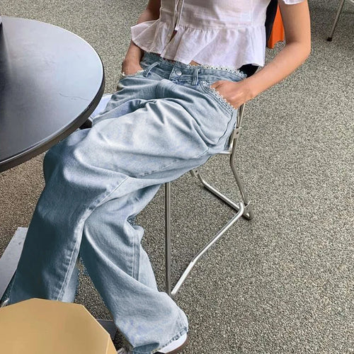 Load image into Gallery viewer, Korean Fashion Straight Leg Women Jeans Outfits Low Waisted Lace Patchwork Sweet Girls Denim Trousers Pants Harajuku
