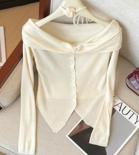 Spring Women's Purple Blue Off Shoulder Festival Irregular Cardigan Sweater Korean Fashion Beige Single Breasted Short Knit Tops