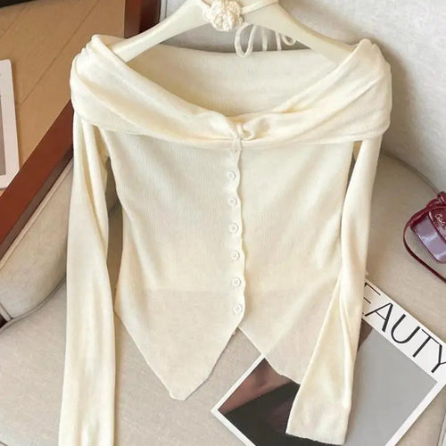Load image into Gallery viewer, Spring Women&#39;s Purple Blue Off Shoulder Festival Irregular Cardigan Sweater Korean Fashion Beige Single Breasted Short Knit Tops
