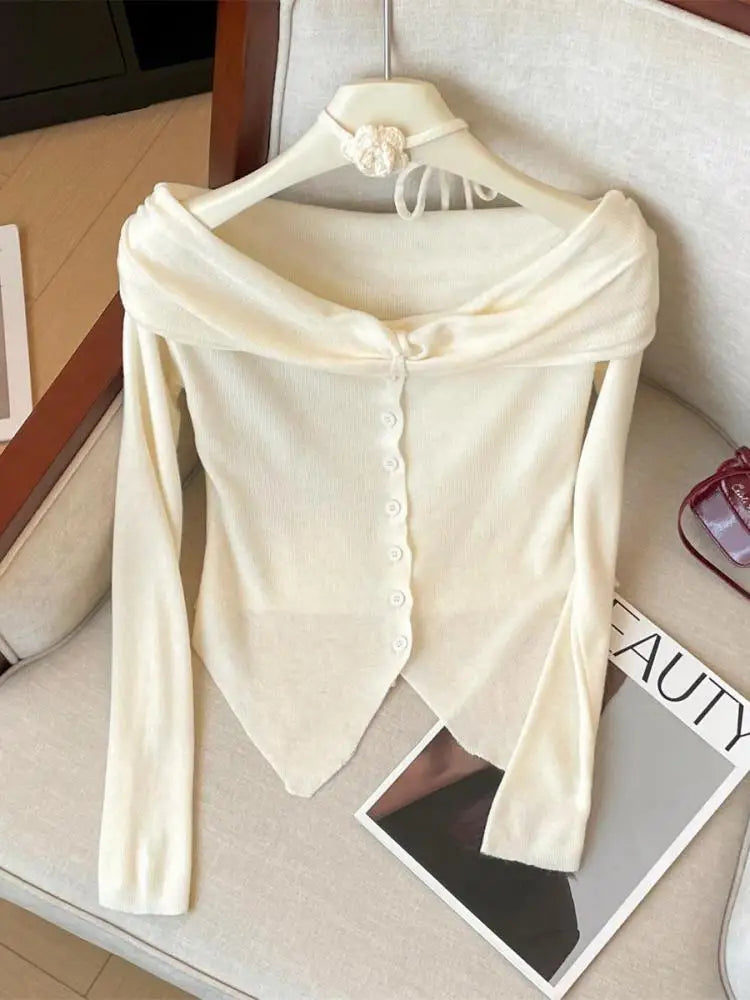Spring Women's Purple Blue Off Shoulder Festival Irregular Cardigan Sweater Korean Fashion Beige Single Breasted Short Knit Tops