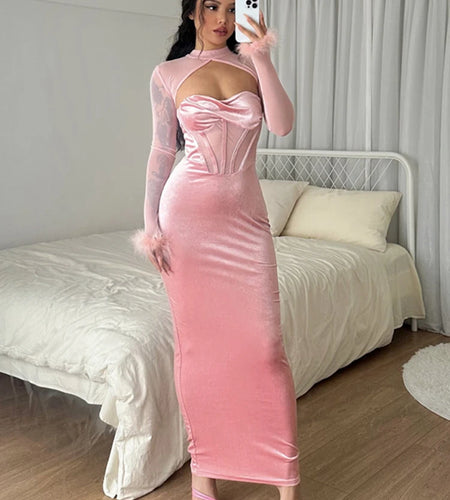 Feather Mesh Long Sleeve Patchwork Velvet Hollow Out Elegant Sexy Maxi Dress 2022 Winter Birthday Party Y2K Outfit