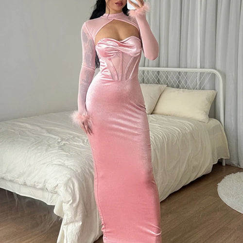 Load image into Gallery viewer, Feather Mesh Long Sleeve Patchwork Velvet Hollow Out Elegant Sexy Maxi Dress 2022 Winter Birthday Party Y2K Outfit
