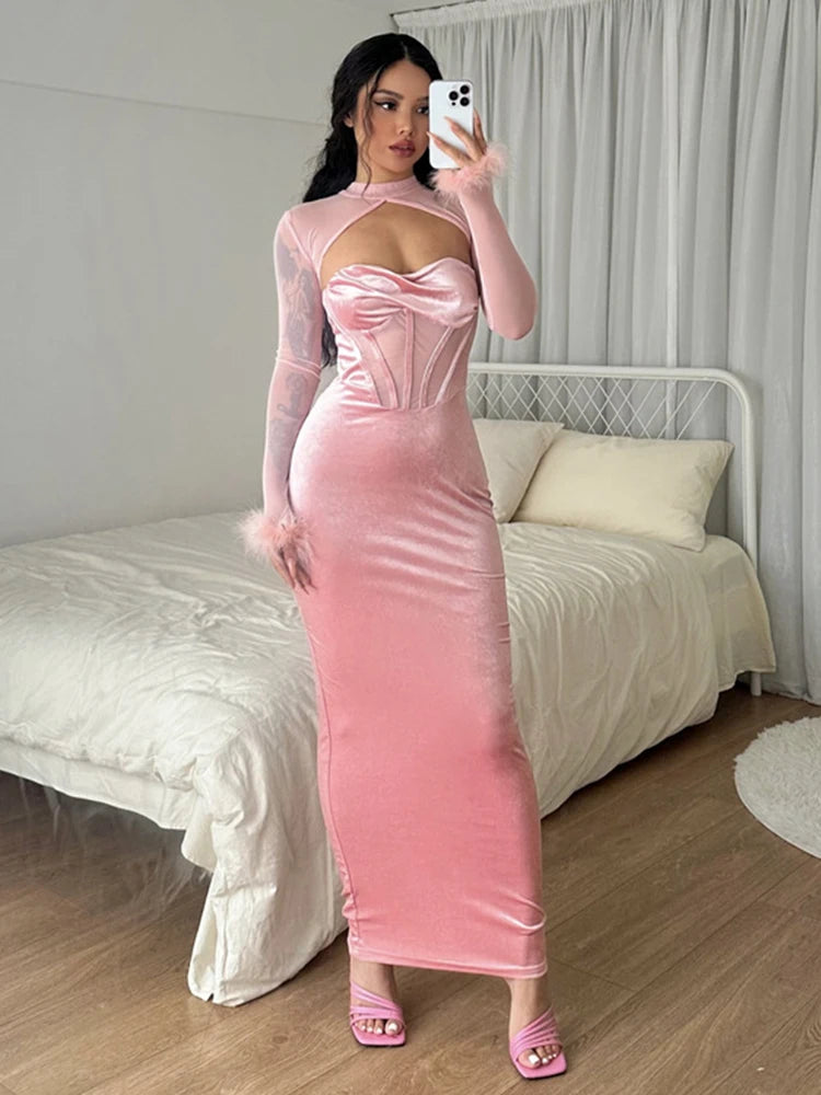 Feather Mesh Long Sleeve Patchwork Velvet Hollow Out Elegant Sexy Maxi Dress 2022 Winter Birthday Party Y2K Outfit