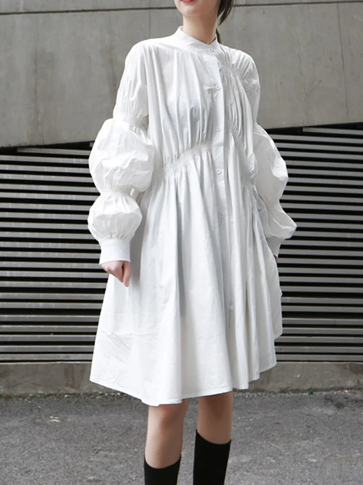 Women White Irregular Ruffles Big Size Long Blouse New Lapel Long Sleeve Loose Fit Shirt Fashion Spring Autumn 2025 JO478