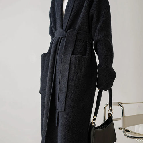 Load image into Gallery viewer, Black Belted Big Size Long Knitting Cardigan Sweater V-Neck Long Sleeve Women New Fashion Tide Spring Autumn 2025 1DH6446
