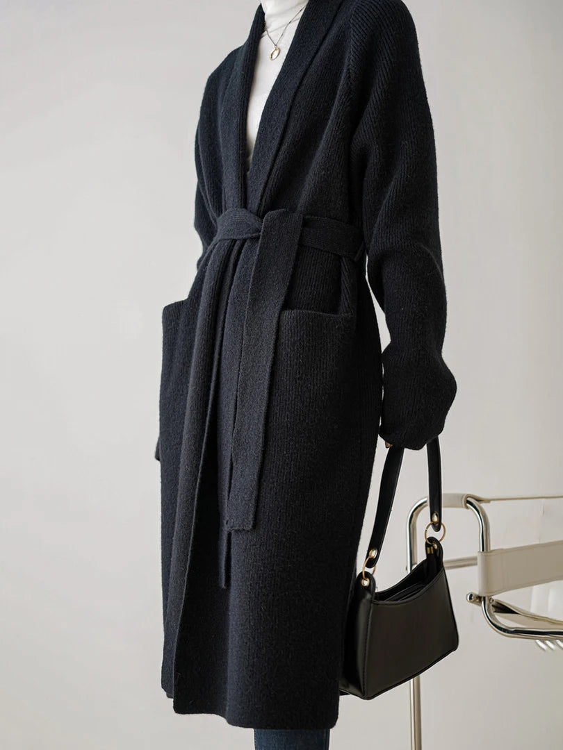 Black Belted Big Size Long Knitting Cardigan Sweater V-Neck Long Sleeve Women New Fashion Tide Spring Autumn 2025 1DH6446