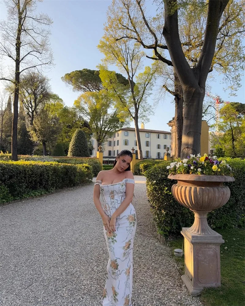 Vintage Print Sexy Maxi Dress Women Gown Summer Off-shoulder Sleeveless Backless Bodycon Club Party Long Dress Elegant