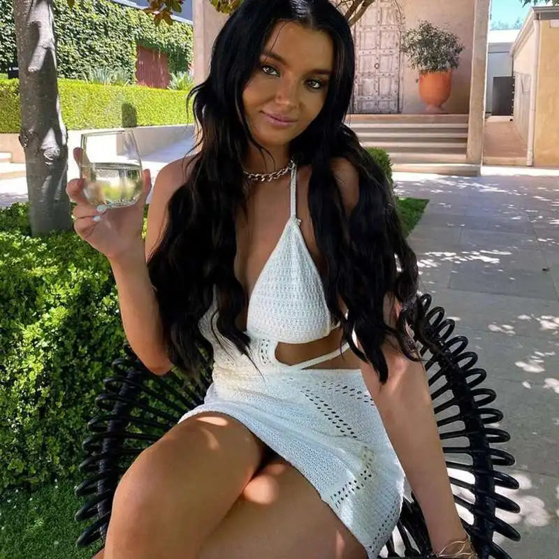 Hollow Out Halter Sexy Mini Dress Women Summer New Sleeveless Backless Skinny Club Party Knit Tank Dress Vestido
