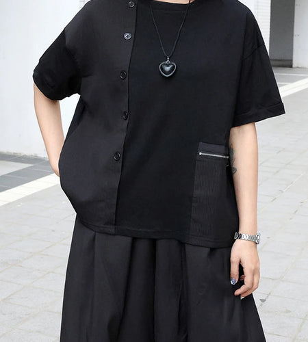 Women Black Zipper Pocket Irregular Big Size T-shirt New Round Neck Short Sleeve Fashion Tide Spring Summer 2025  1DJ0561