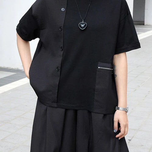 Load image into Gallery viewer, Women Black Zipper Pocket Irregular Big Size T-shirt New Round Neck Short Sleeve Fashion Tide Spring Summer 2025  1DJ0561
