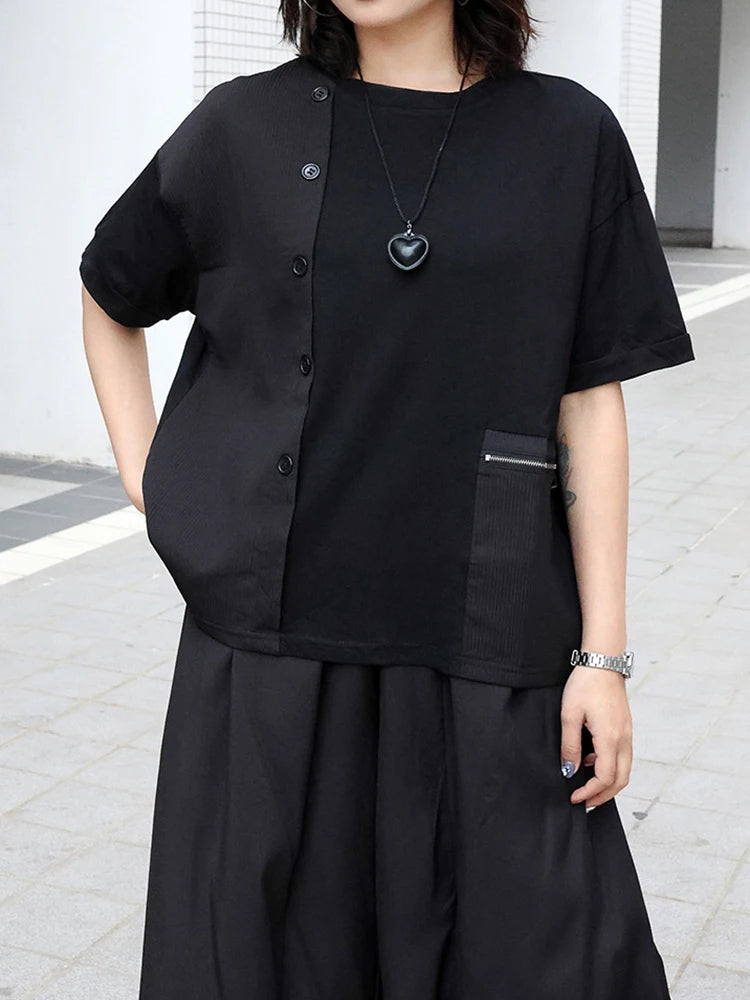 Women Black Zipper Pocket Irregular Big Size T-shirt New Round Neck Short Sleeve Fashion Tide Spring Summer 2025  1DJ0561