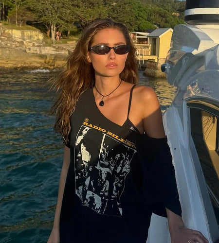 Print Rough Edges t-Shirt Women Slanted Shoulders Skinny Street Simple Classic Summer Trend Leisure Sexy Loose Daily Tops