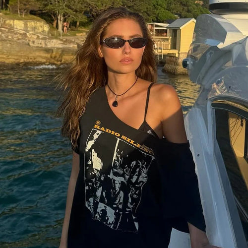 Load image into Gallery viewer, Print Rough Edges t-Shirt Women Slanted Shoulders Skinny Street Simple Classic Summer Trend Leisure Sexy Loose Daily Tops
