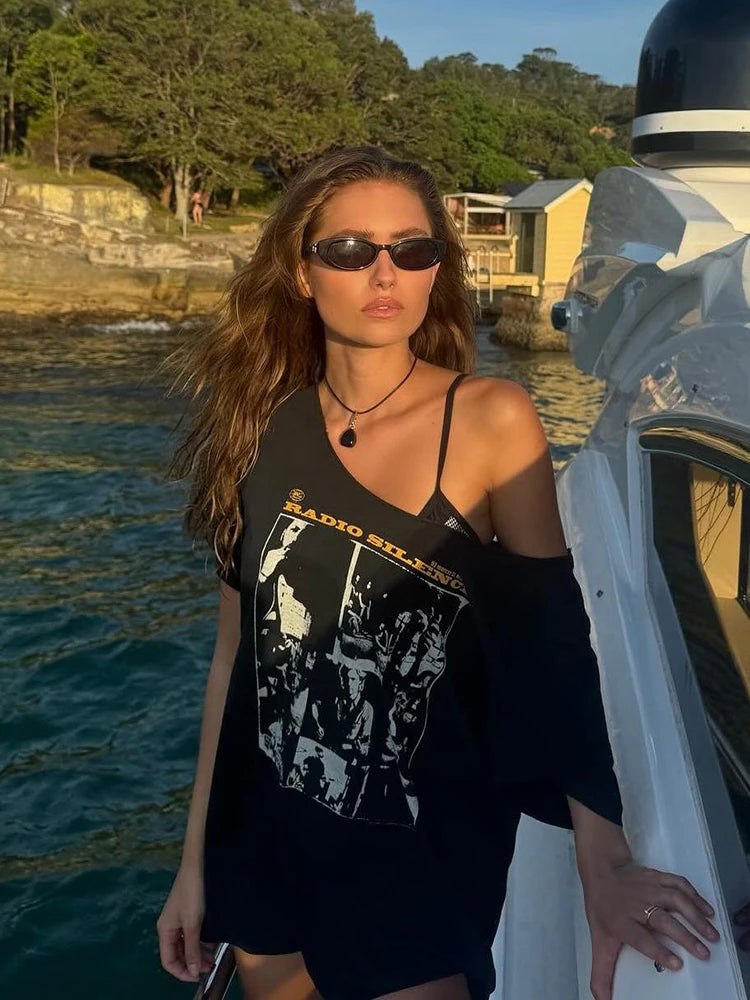 Print Rough Edges t-Shirt Women Slanted Shoulders Skinny Street Simple Classic Summer Trend Leisure Sexy Loose Daily Tops