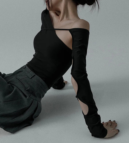 y2k Crop Tops for Women Sexy Clothes Solid Color Oblique Neck Hollowed Long Sleeve T Shirts 2000s Clothing Streetwear
