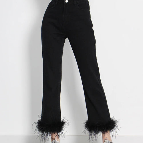 Load image into Gallery viewer, Black Patchwork Feathers Pants For Women High Waist Solid Minimalist Trousers Female Korean Fashion Clothing Style
