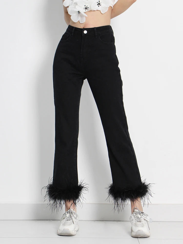 Black Patchwork Feathers Pants For Women High Waist Solid Minimalist Trousers Female Korean Fashion Clothing Style